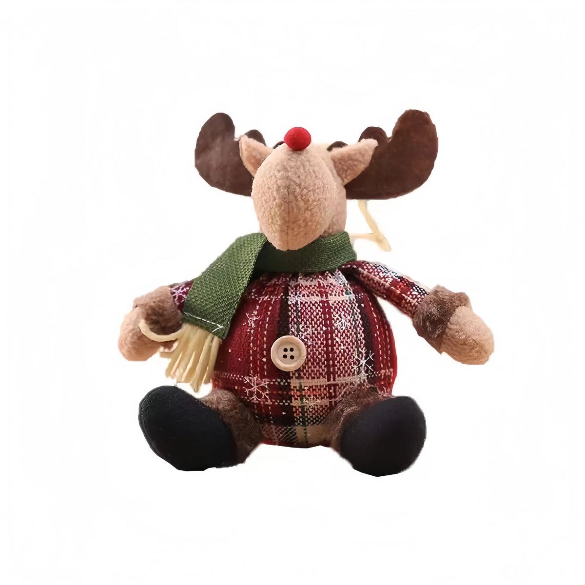 Decorative Christmas figurines: reindeer, Santa Claus, and snowman