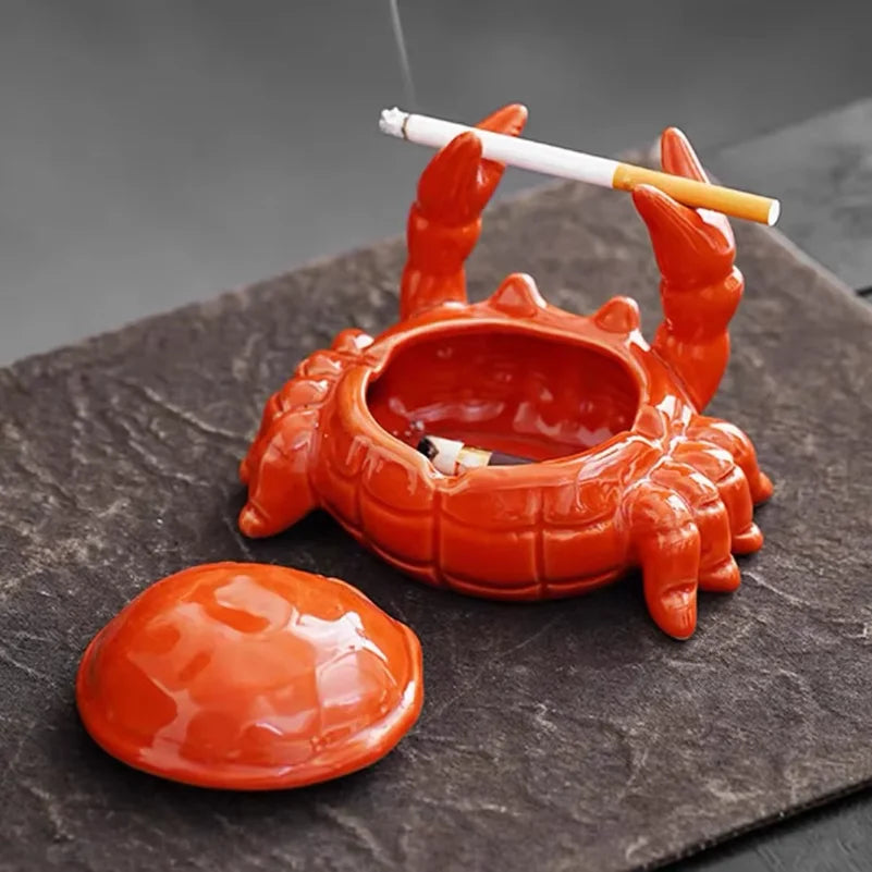 Cenicero de cerámica pequeño con forma de cangrejo, mascota de té, para oficina, hogar y sala de estar, con tapa para recoger las cenizas, decoración de escritorio, regalo