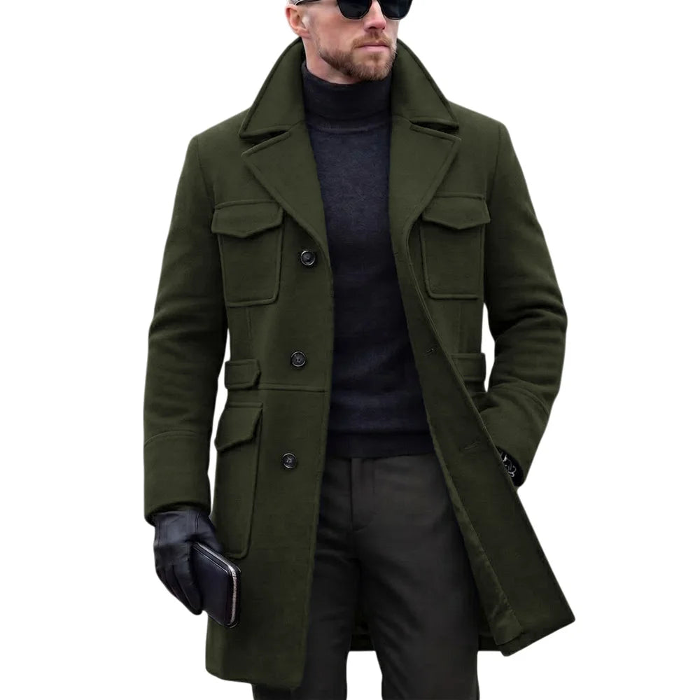 Wool Blends Coat Men Single Breasted Lapel Mid Length Trench Overcoat Formal Work Y2k Streetwear Jacket Pockets Autumn Winter
