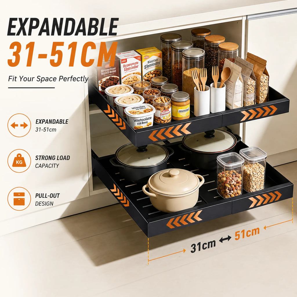 Ausziehbarer Schrankorganizer aus Karbonstahl, verstellbares Ausziehregal mit 31–51 cm Breite, platzsparender Regaleinsatz für Küchenschränke, Speisekammer und Badezimmer