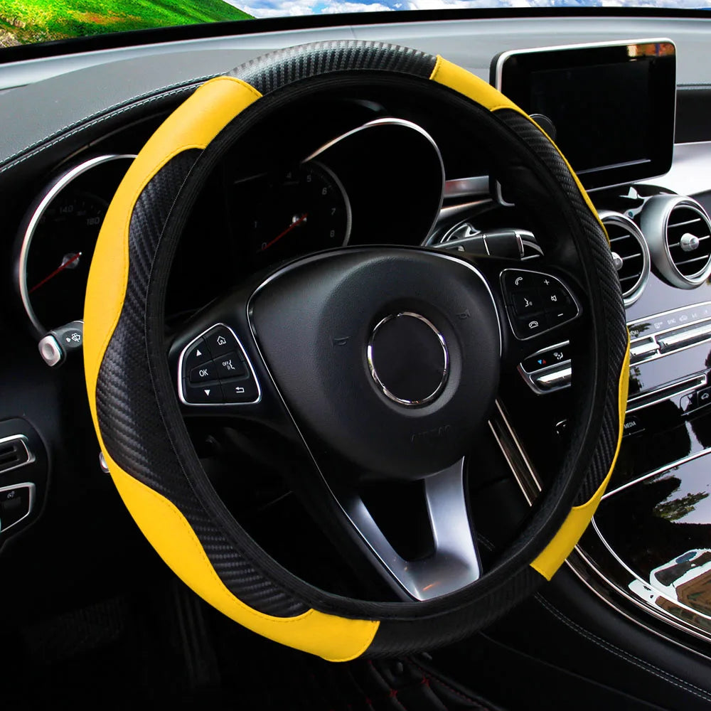 Housse de volant de voiture en cuir PU fibre de carbone sans anneau intérieur, adaptée aux accessoires automobiles de 14,5 à 15 pouces
