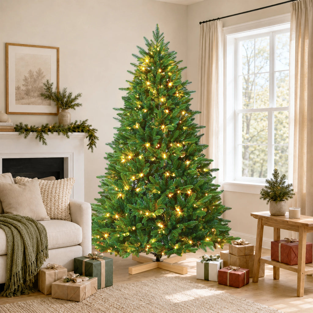 PVC+PE Artificial Christmas Tree 180/210cm, 940/1209 Branch Tips, 300/400 Warm White LEDs, Realistic 3D PE+PVC Fir Tree with Wooden Stand, Indoor Xmas Decoration