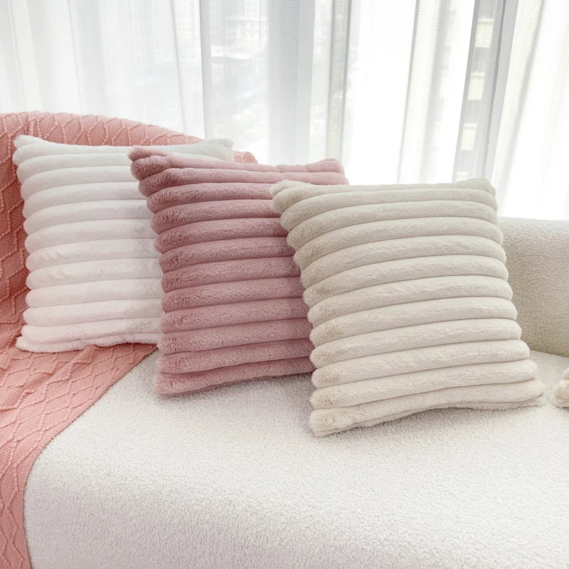BUYNOW 1PC Faux Rabbit Fur Plush Pillow Cover 30x50cm Soft Fluffy Striped Cushion Cover 45x45cm Home Decor Pillow Cover for Sofa