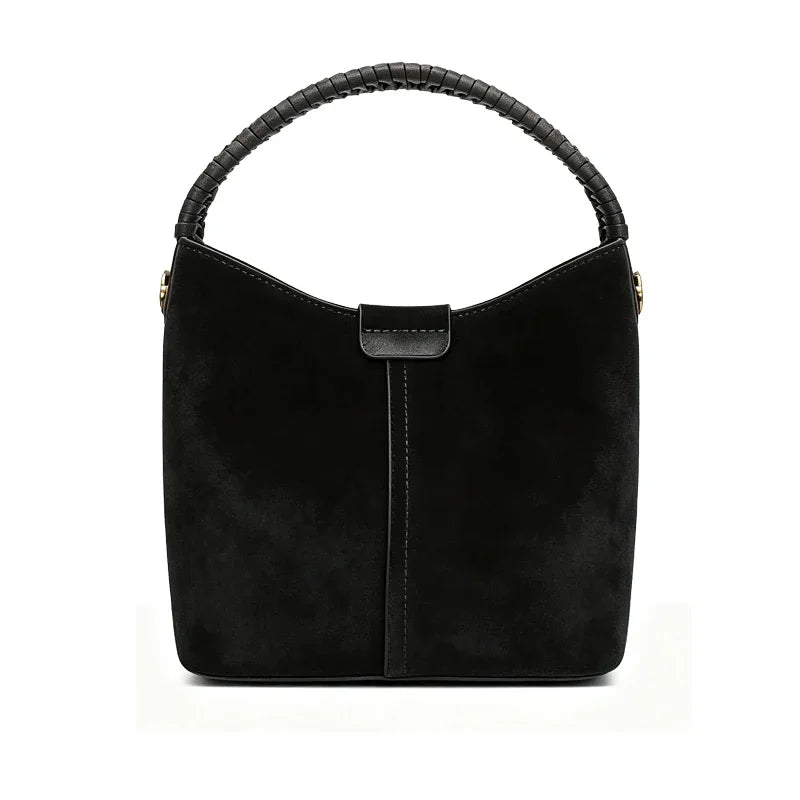 Luxury Designer Genuine Suede Cowhide Women Bucket Handbag Braided Woven Top Handle Real Leather Hobo Bag Ladies Shoulder Purse