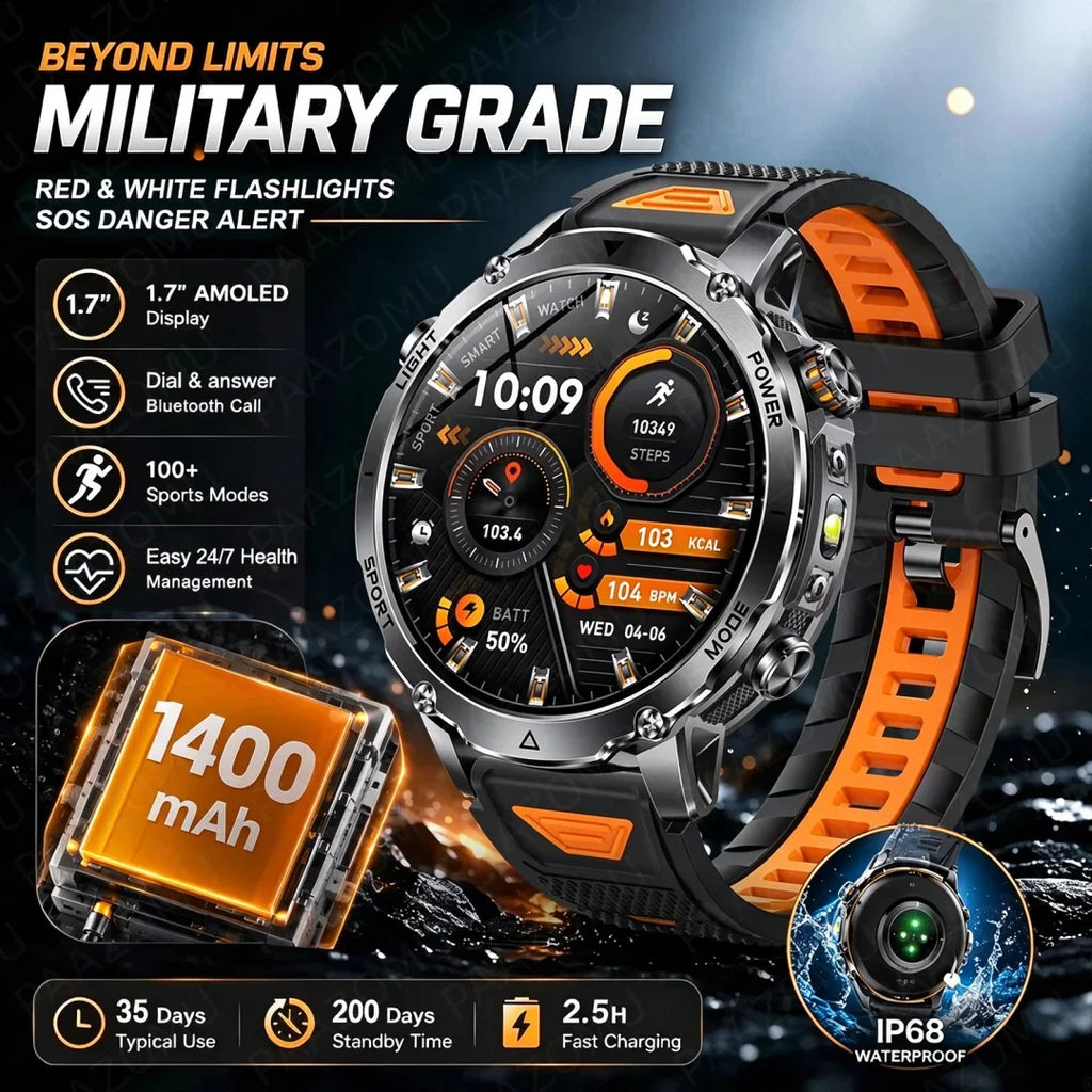 Outdoor AMOLED Smartwatch with Flashlight and Bluetooth Calling