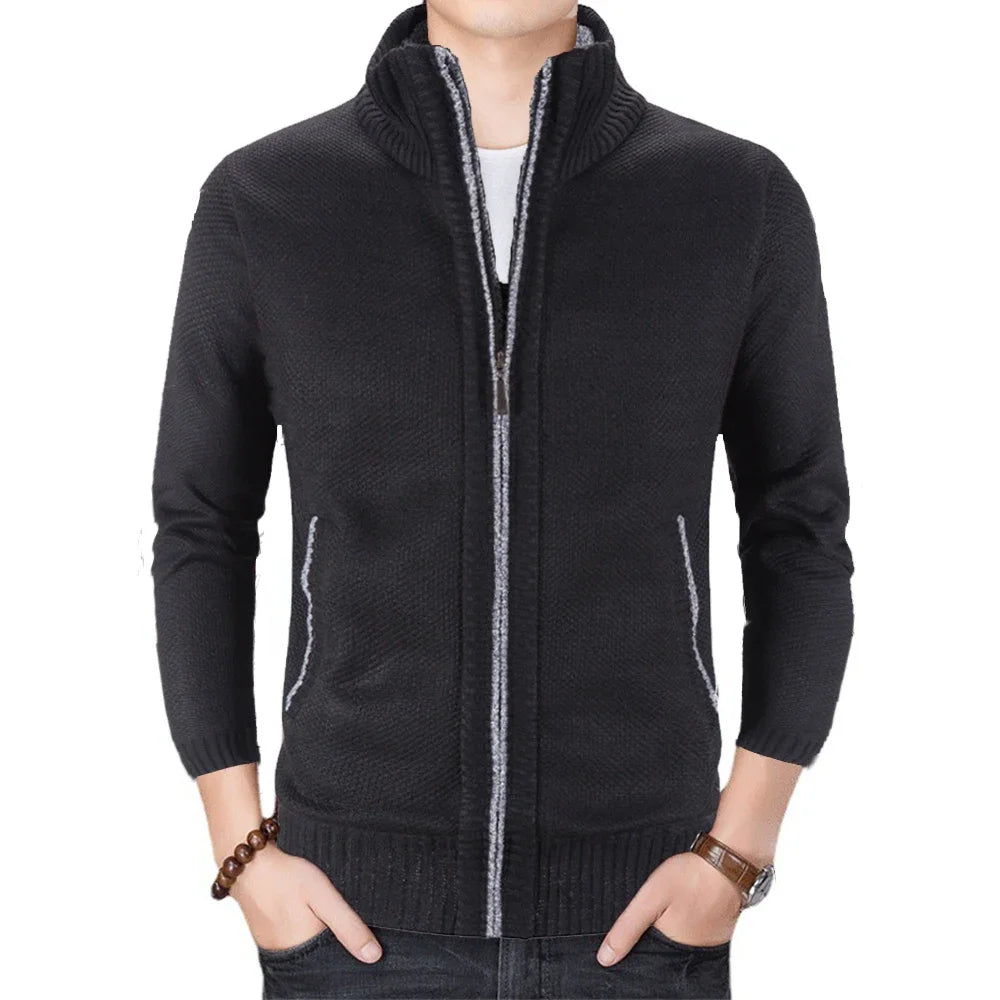 Men's Knitted Sweater Winter Thick Coat Long Sleeve Cardigan Stand Collar Fleece Male Zipper Blouse Causal Clothing for Autumn