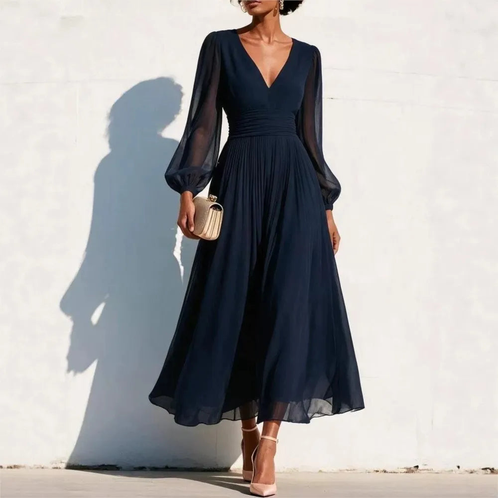 Damen-Midikleid mit langen Ärmeln und V-Ausschnitt