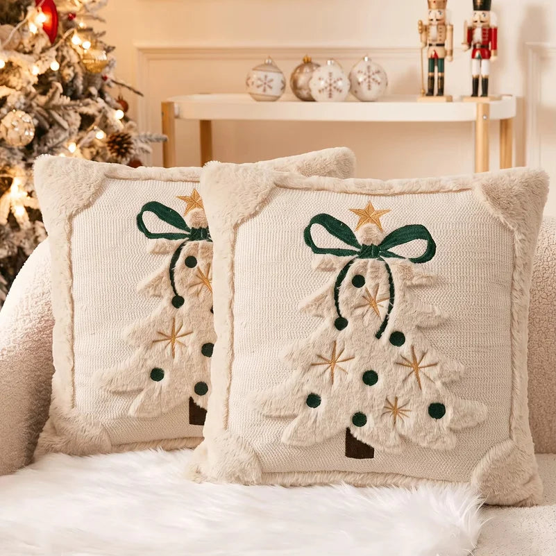 3D Christmas Tree Throw Pillow Covers Faux Plush Embroidered Xmas Tree Pattern Cushion Covers Sofa Couch Home Decor