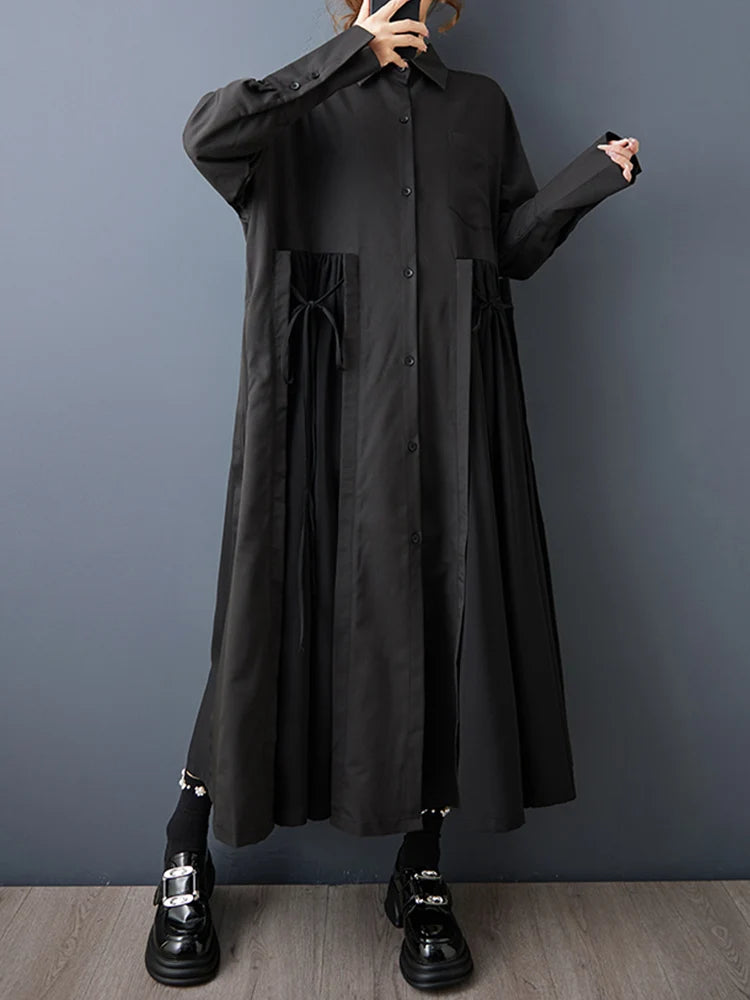 Schwarzes Damen-Chemisierkleid in Midi-Länge mit Schnürung