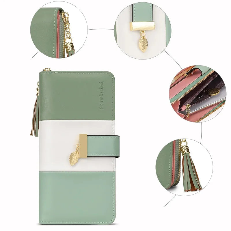 Pomelo Best 2026 Women RFID Wallet Color Block PU Clutch Multi Card Slots Phone Compartment Zipper Ladies Travel Coin Purse
