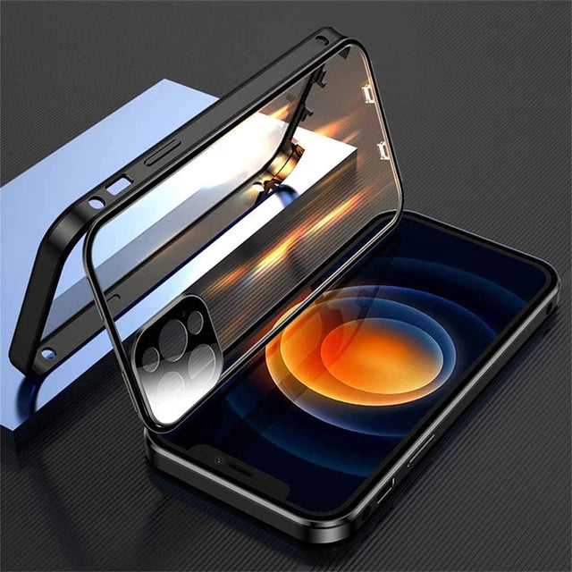 360 Full Protection Metal Magnetic Double Sided Glass Snap Lock Case For iPhone 18 17 16 15 14 13 Pro Max Lens Protection Cover
