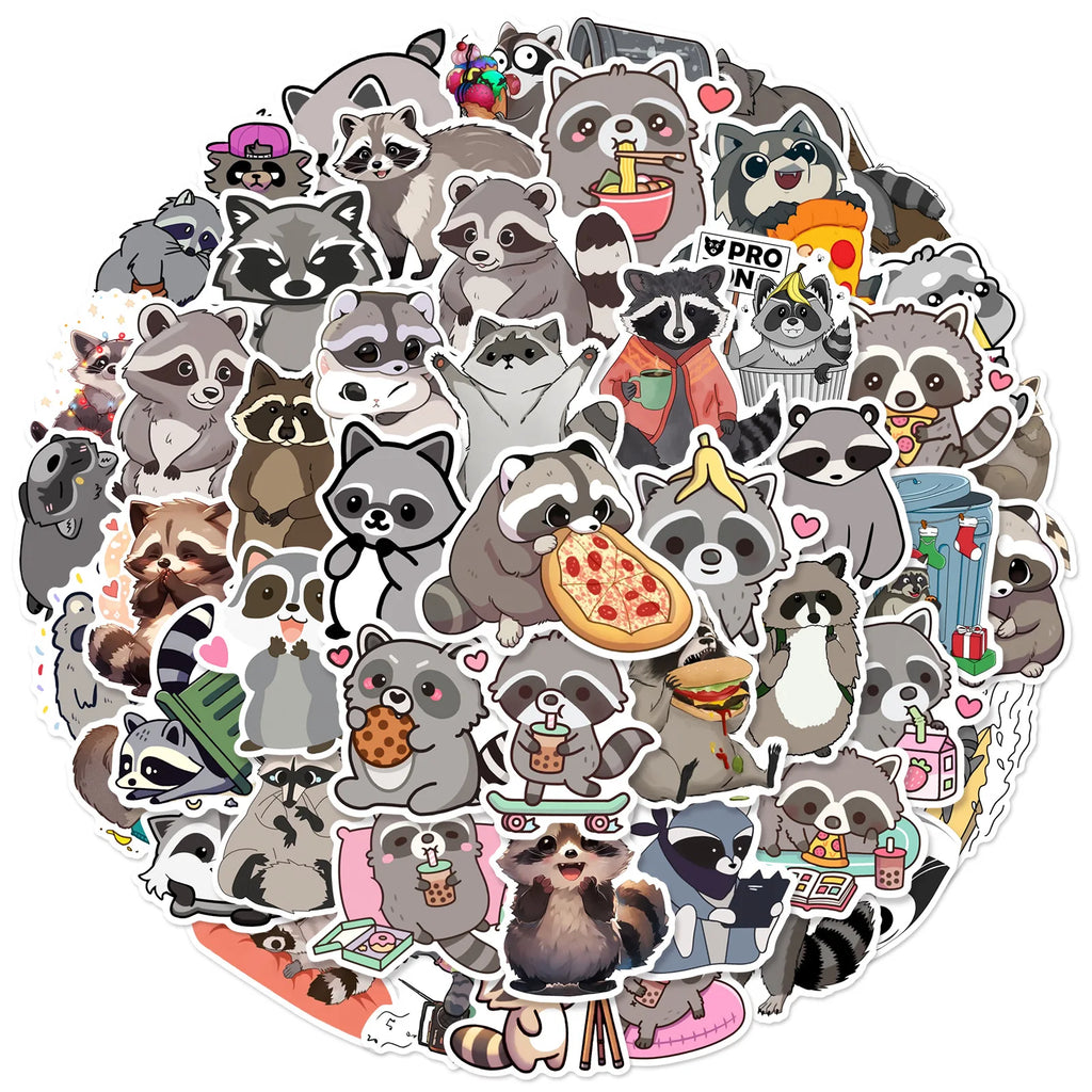 50/100 piezas de pegatinas bonitas de mapaches grafiteros para trolls, vasos térmicos, cajas de almacenamiento y decoración de refrigeradores