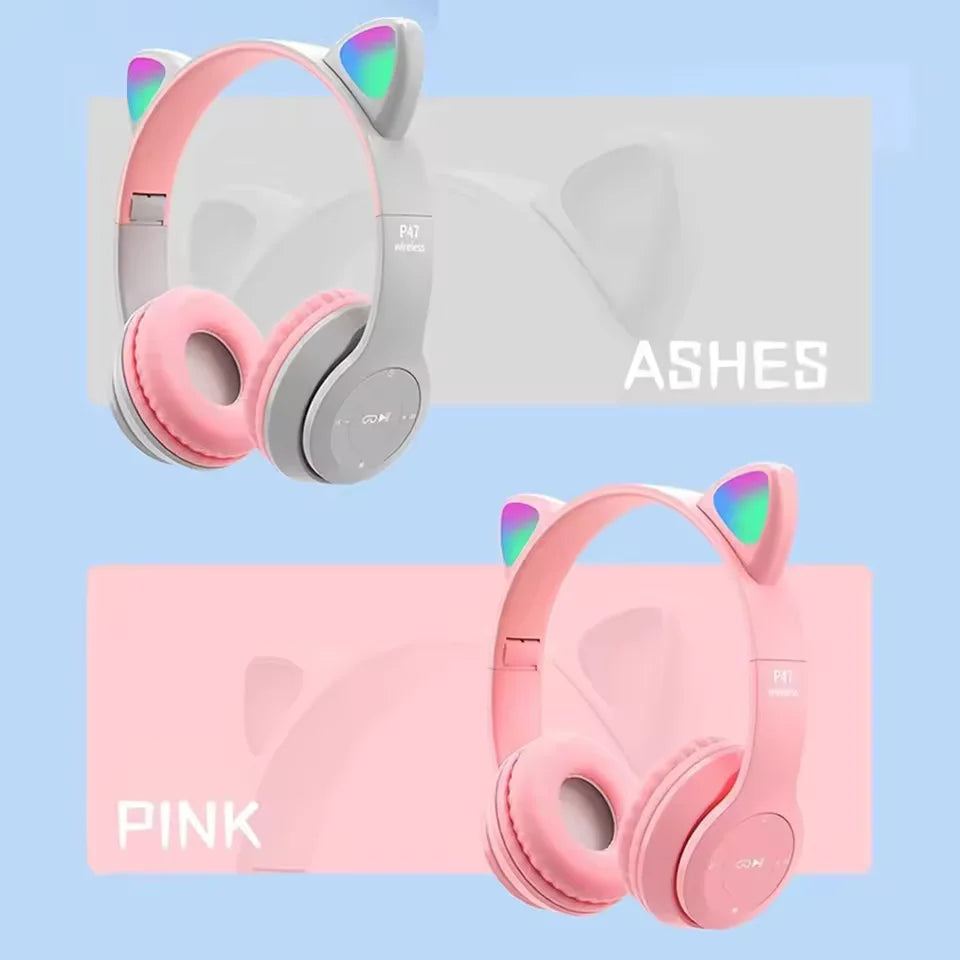 Casque audio sans fil Bluetooth avec oreilles de chat lumineuses, microphone intégré, modèle P47M pour enfants et filles, écouteurs stéréo pour sport