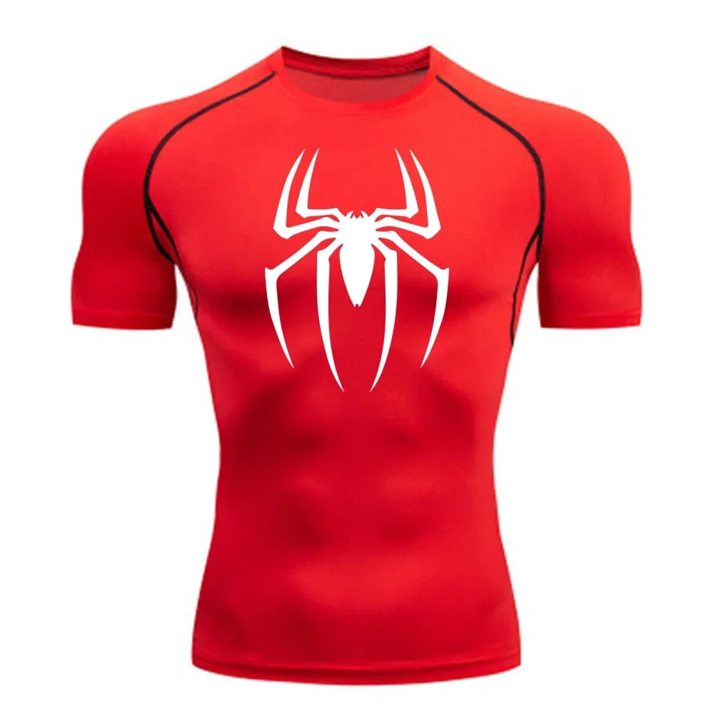 2023Men's Spider Print Compression Shirt, Quick Dry T-Shirt, Gym Running Jersey, Breathable Short Sleeve, Spring, Summer, S-3XL