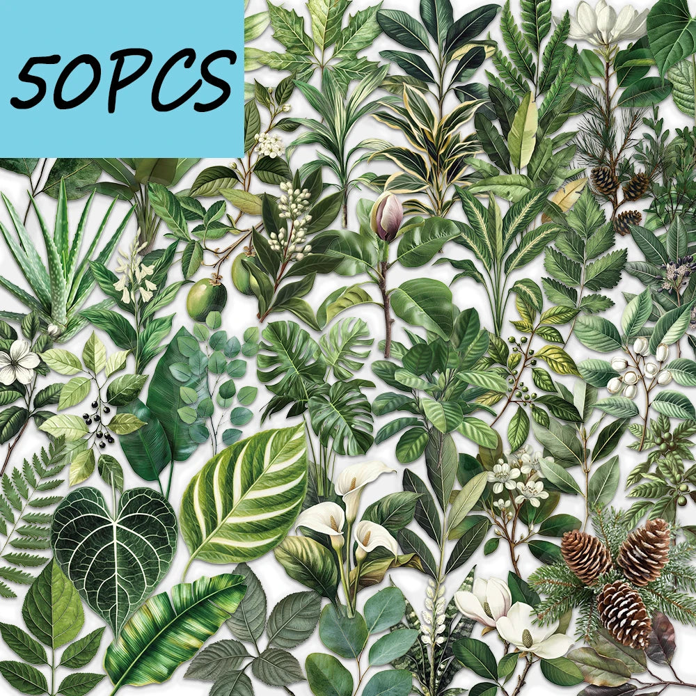 50pcs green plant leaf stickers, suitable for decorating computers, refrigerators, storage boxes, waterproof PET stickers