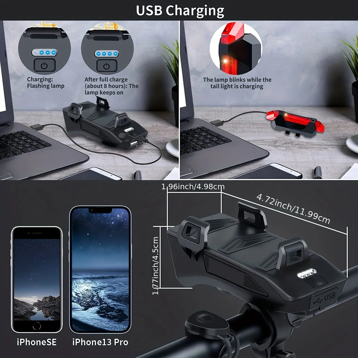 Luz para bicicleta, faro delantero recargable por USB con 3 LED y luz trasera LED, con batería externa, bocina y soporte para teléfono, adecuada para todo tipo de ciclismo, en carretera y montaña.