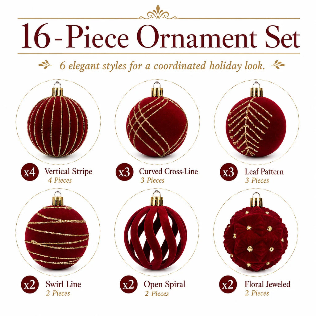 16 piece set of plush Christmas ball accessories, anti shatter and sparkling plush Christmas farmhouse Christmas tree decoration