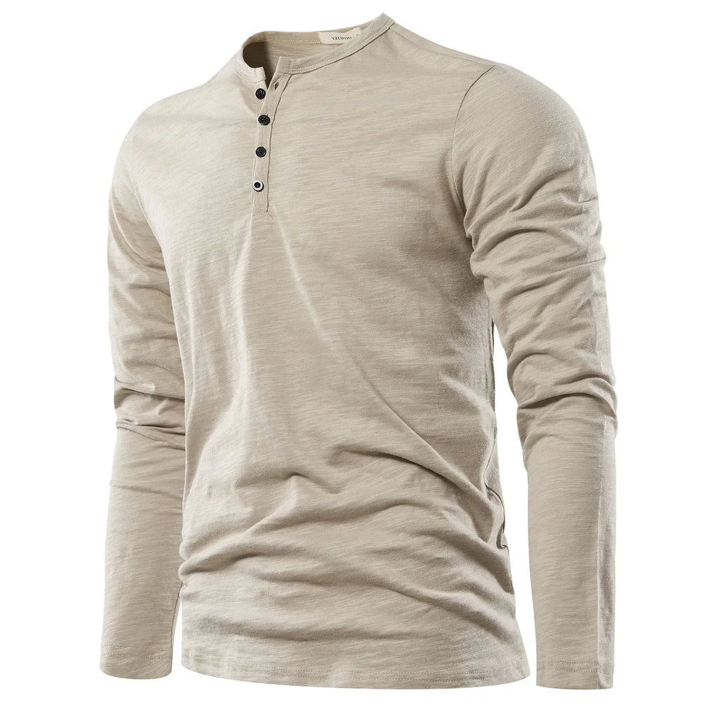 Autumn Solid Casual Mens T-shirts Henery Neck  Long Sleeve T Shirt for Men Breathable Male Tops Classic Versatile Clothes