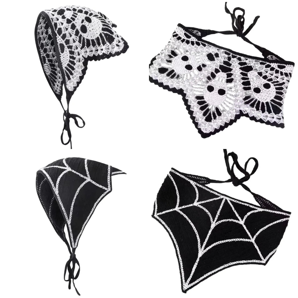 Neue Fledermaus-Halloween-Tasche, Kopftuch, gestrickter dreieckiger Baumwollschal mit Totenkopf und Spinne, Stirnband, Kopfbedeckung für Damen und Mädchen, Geschenk zum Allerseelentag