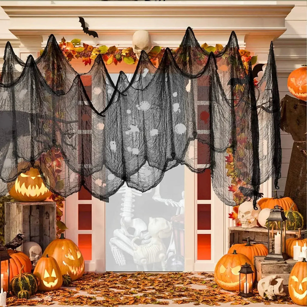 76 x 183 cm Halloween-Dekoration, schwarzer Gruselstoff aus Gaze für Fenster, Tisch und Tür, schaurige Netzdeko für Kostümpartys und Spukhaus-Wanddekoration
