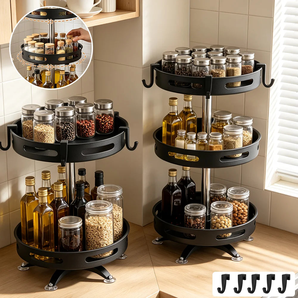 Organizador de especias giratorio de 360°, estante redondo de acero al carbono, organizador de cocina giratorio para frascos y botes de especias