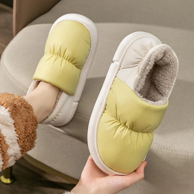 Warme Unisex-Hausschuhe für Damen und Herren, 4 cm dicke Sohle, weich wie Wolken, wasserdicht, Daunen-Innenfutter, Fleece-Hausschuhe für drinnen und draußen, Hausschuhe im Pantoletten-Stil
