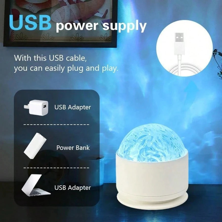 Projecteur de lumière 2 en 1 effet ondulation d'eau et aurore boréale, alimenté par USB avec LED 16 couleurs, télécommande et commandes tactiles, luminosité réglable et rotation à 360°, effet vagues apaisant pour salon, chambre, décoration intérieure