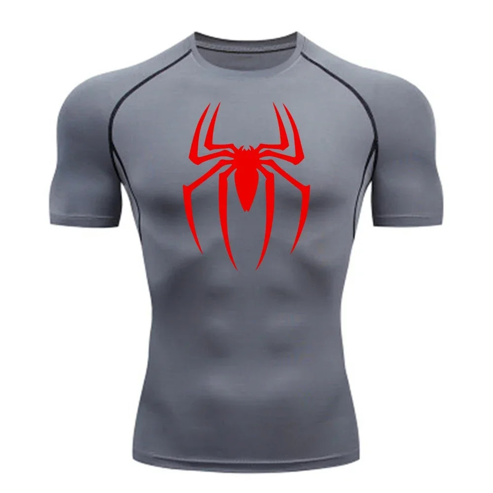 2023Men's Spider Print Compression Shirt, Quick Dry T-Shirt, Gym Running Jersey, Breathable Short Sleeve, Spring, Summer, S-3XL