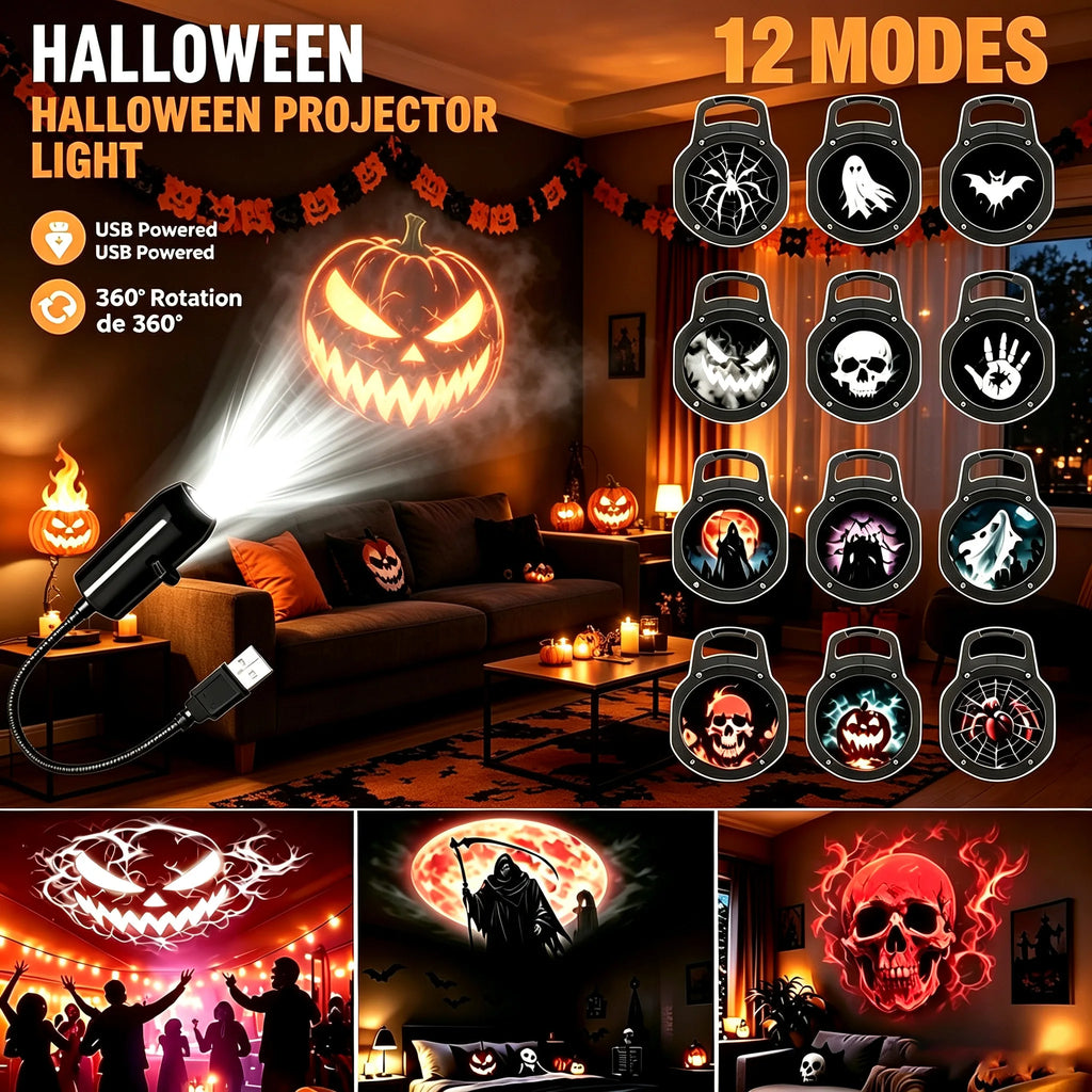 Projecteur LED d’Halloween pour veilleries, Plug and Play USB, projecteur LED HD pour plafond et fenêtre, décoration d’Halloween, lampe murale