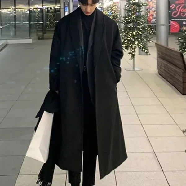 Men Oversized Lapel Long Wool Blend Coat,Loose Open Front Maxi Trench Overcoat,Streetwear Casual Solid Black Long Outerwear