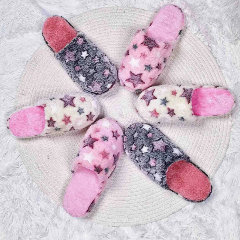 Chaussons d’intérieur doux pour femme à étoiles à cinq branches, modèle pour couple, chaudes en peluche pour l’hiver, chambre, adultes, confortables et silencieux, sandales plates en peluche