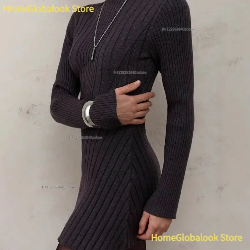 Damen-Strickkleid für den Frühling, langärmlig, mit halber Stehkragen und A-Linien-Rock, eleganter und verspielter Stil, weiches Strickkleid, leichtes, lässiges Strickoutfit für Alltag, Partys, Verabredungen und Büro
