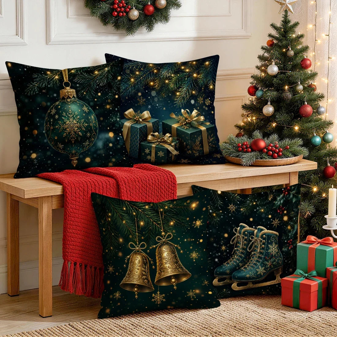Christmas-themed Gold Accessories Cushions Pillowcase Polyester Cushion Cover Throw Pillow Pillowcover Home Car Sofa Decor