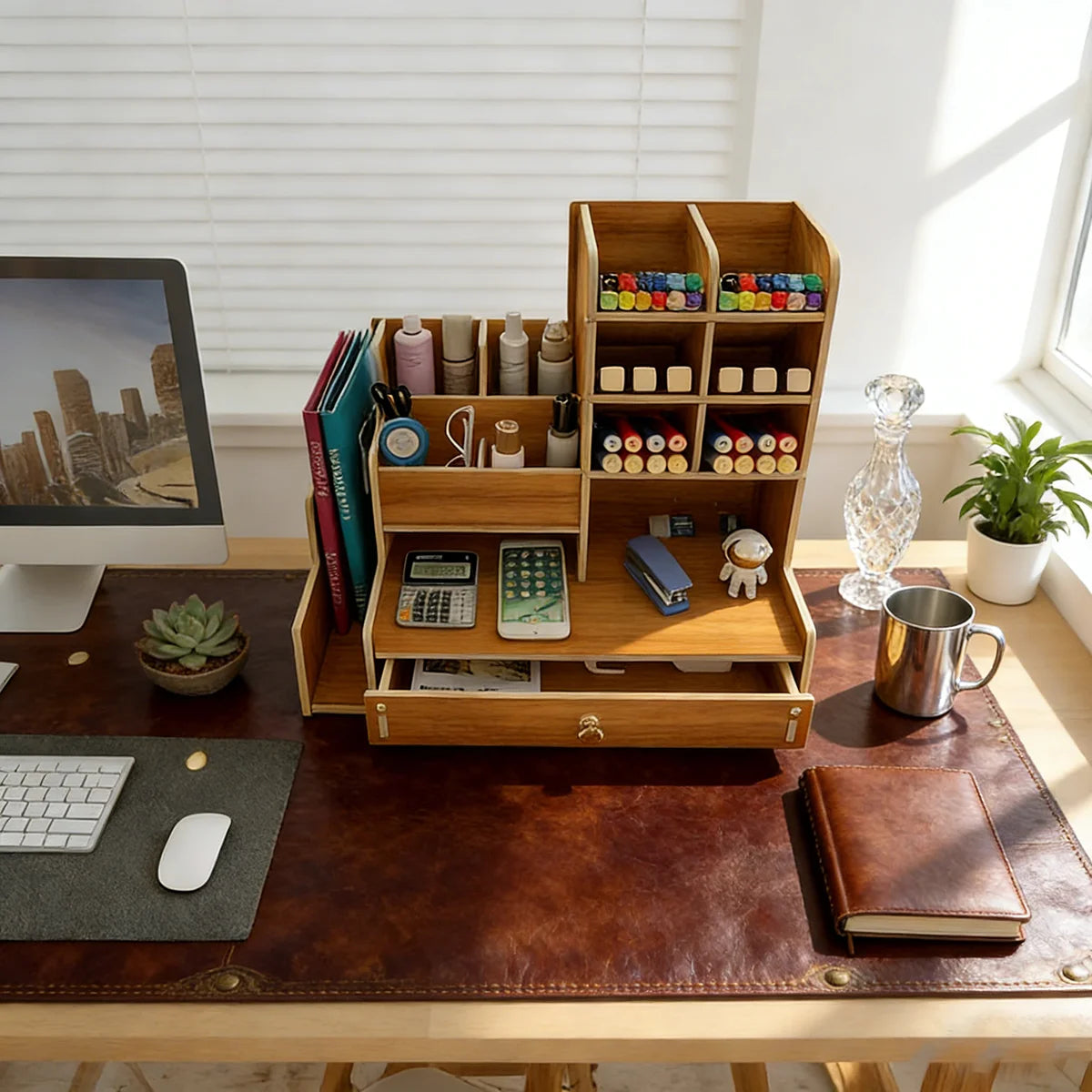 Wood-Grain Desktop Organizer with Drawer