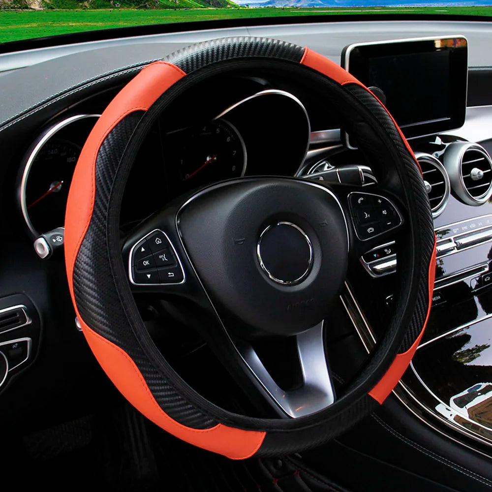 PU Carbon Fiber Leather Steering Wheel Cover Without Inner Ring, Suitable for 14.5–15-Inch Steering Wheels