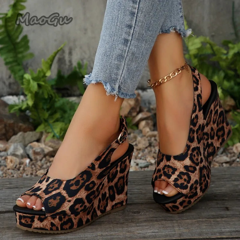 Sandales compensées pour femmes à motif léopard, chaussures à plateforme avec nœud rayé, grandes tailles 35-43, mules à semelle épaisse