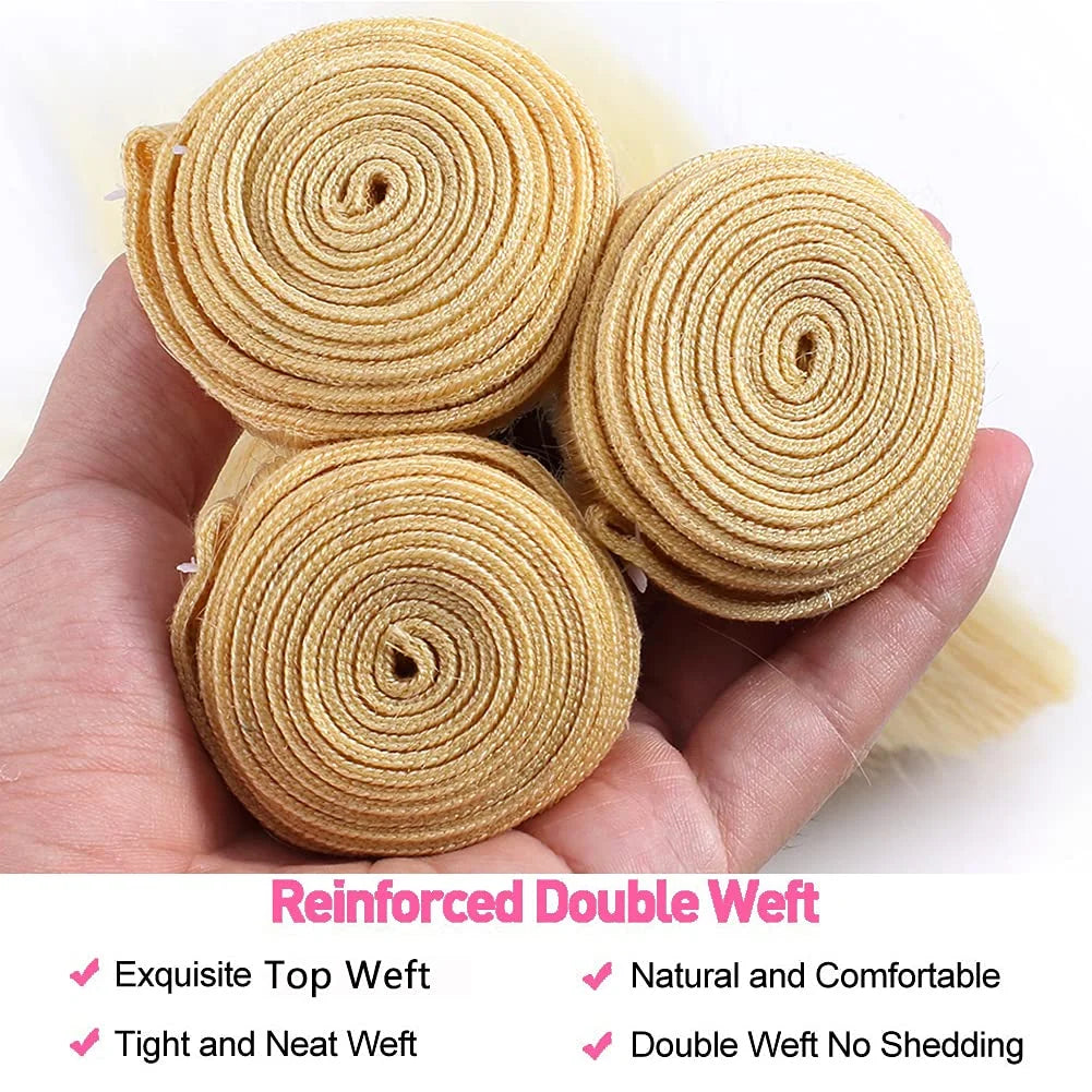 613 Straight Human Hair Bundles, 12A Unprocessed, 16, 18, 20 Inch, Blonde Human Hair Straight Weave Bundles Deal, 613 Straight Double Strong Weft Extensions, 613 Human Hair, 1/3/4 Bundles for Black Women