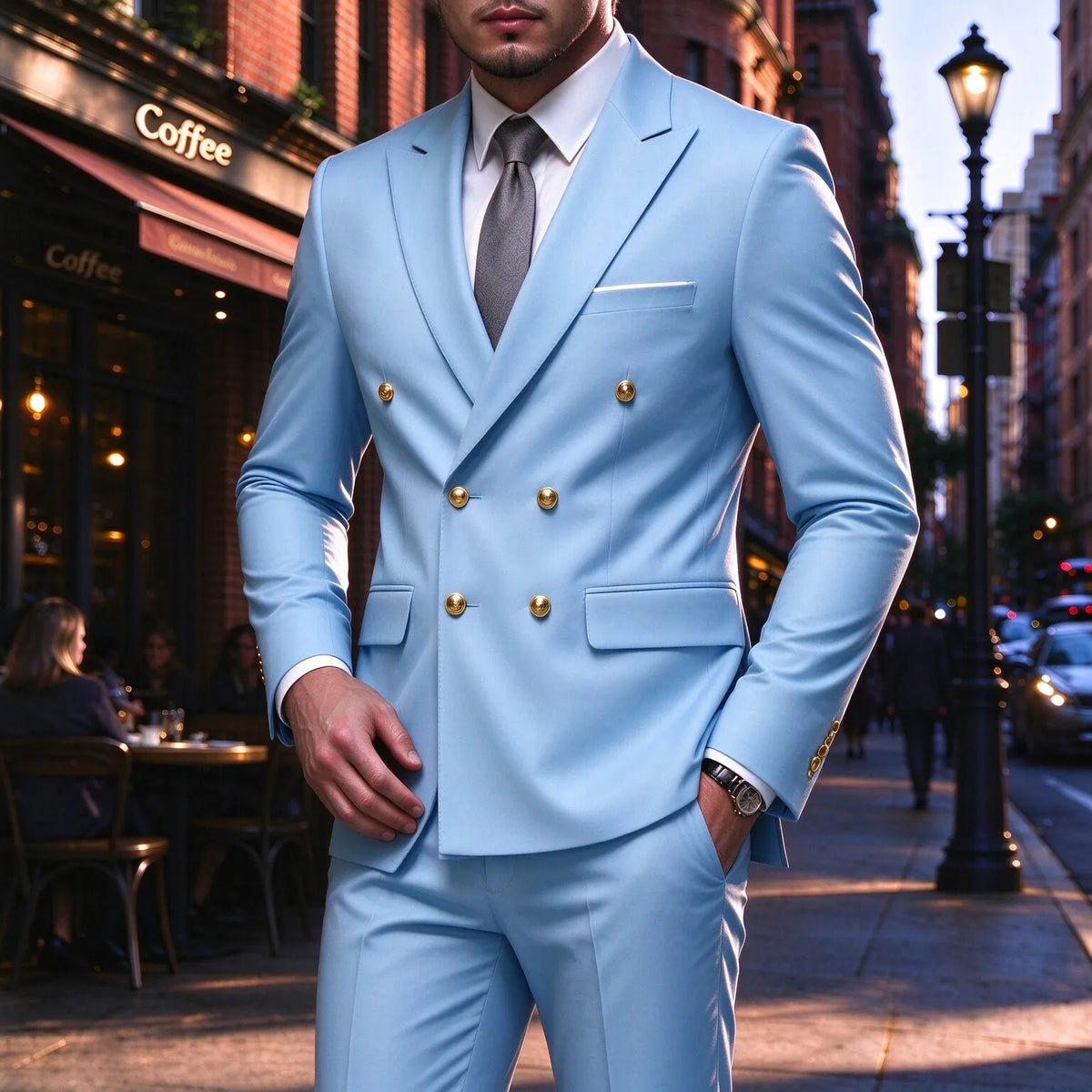 Men's 2 Piece Double Breasted Casual Suit Blazer with Trousers for Wedding Business Dinner Prom and Formal Parties