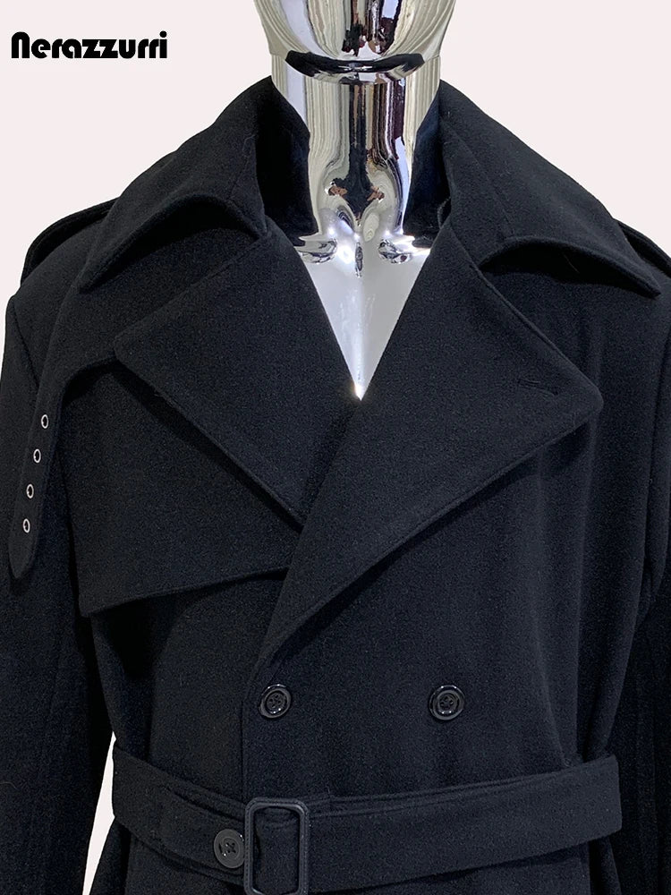 Nerazzurri Autumn Winter Long Oversized Black Warm Woolen Coat Men Belt Chic Luxury Designer Clothes Wool Blends Overcoat 2024