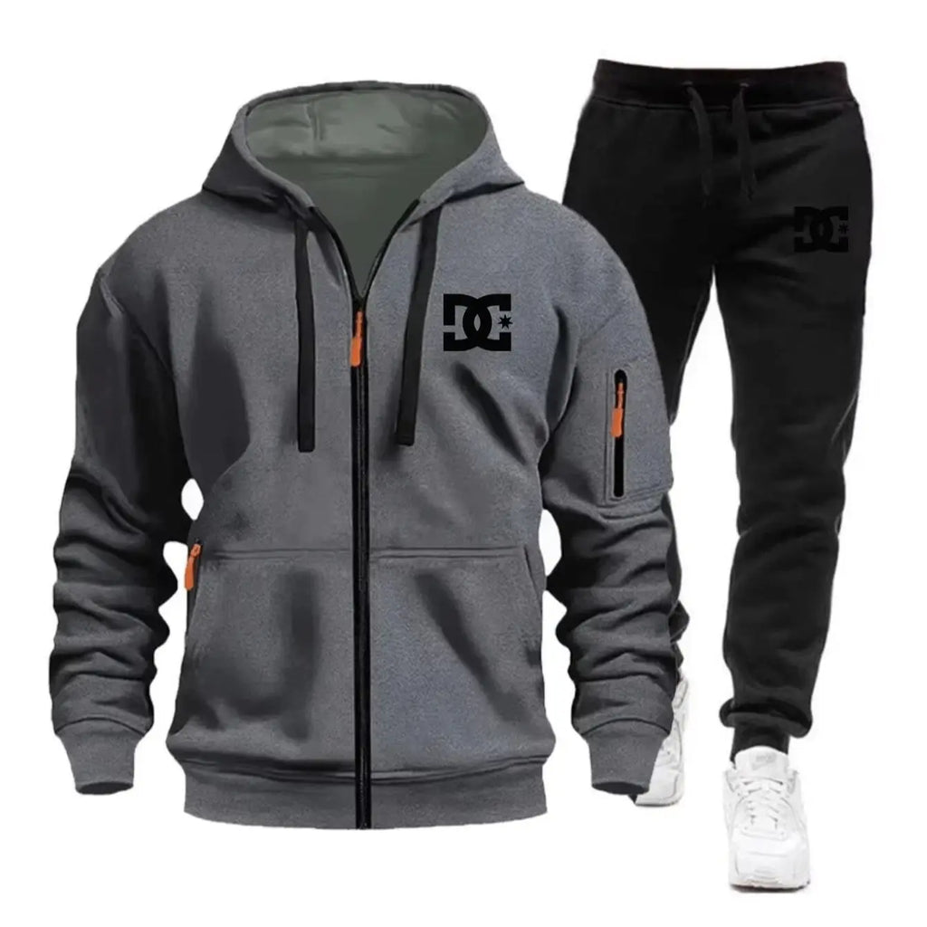 Two sets of men's sportswear for autumn/Winter 2026, including a sweatshirt and two sets of fitness jogging pants with wool caps