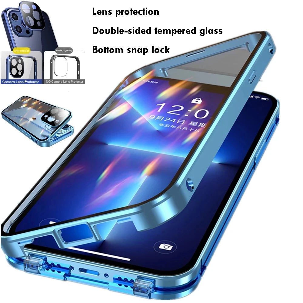 360 Full Protection Metal Magnetic Double Sided Glass Snap Lock Case For iPhone 18 17 16 15 14 13 Pro Max Lens Protection Cover