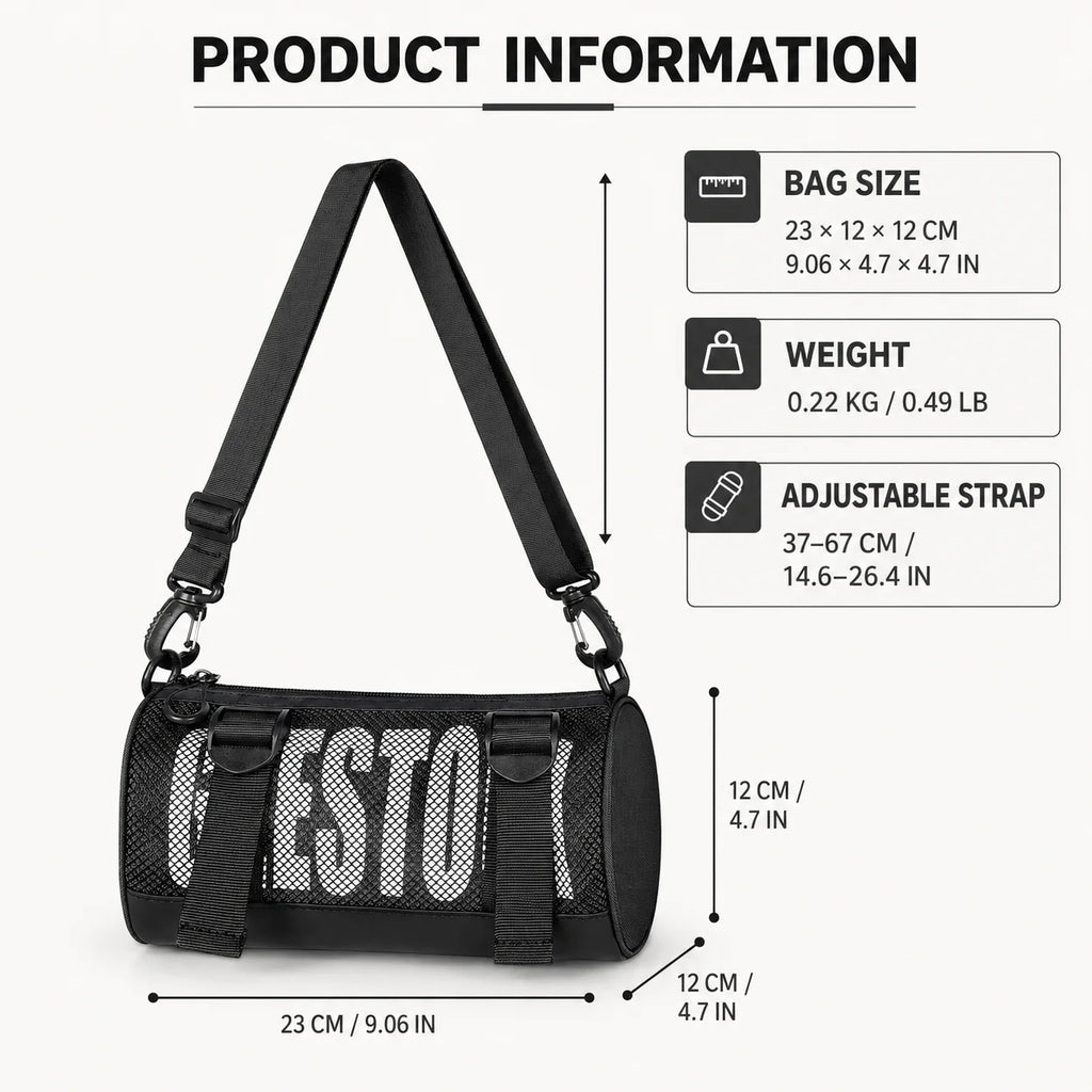 Streetwear Crossbody Bag Mini Barrel Shoulder Bag Lightweight Mesh Sling Pack for Men Women Hip Hop Gym Dance Travel Daily Use
