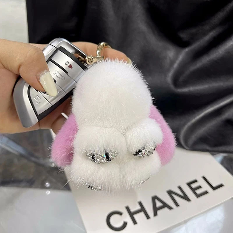 Luxury Big Mink Fur Bunny Fur Pendant Bag Jewelry Key Chain Plush Pendant Trumpet Cute Cute Rabbit Children Animal Cartoon Doll