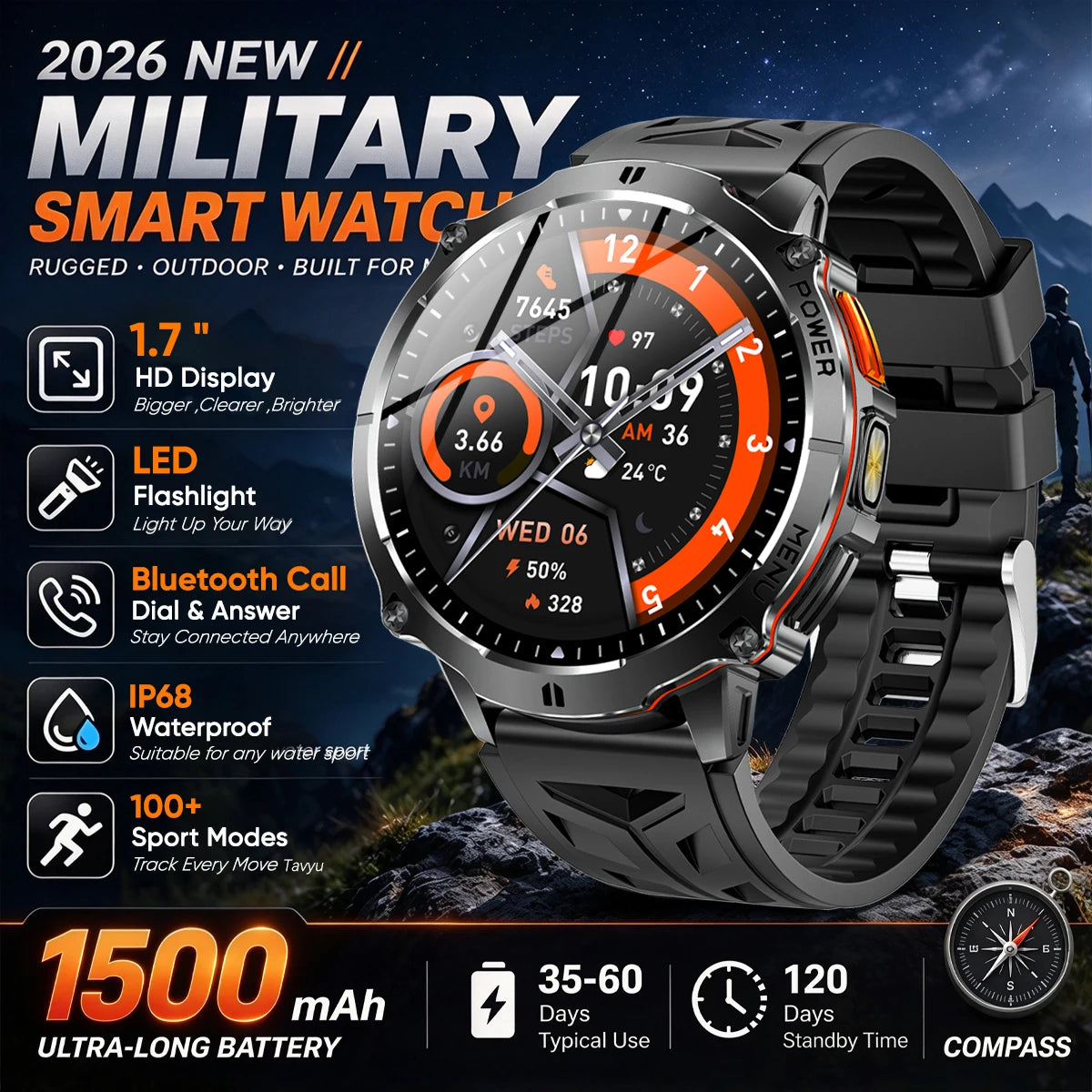 Military T-Rx6 Smartwatch,1.7'AMOLED Screen,150 Day Battery,IP68 Waterproof,Metal,120 Fitness Modes,Flashlight,For Men Women New