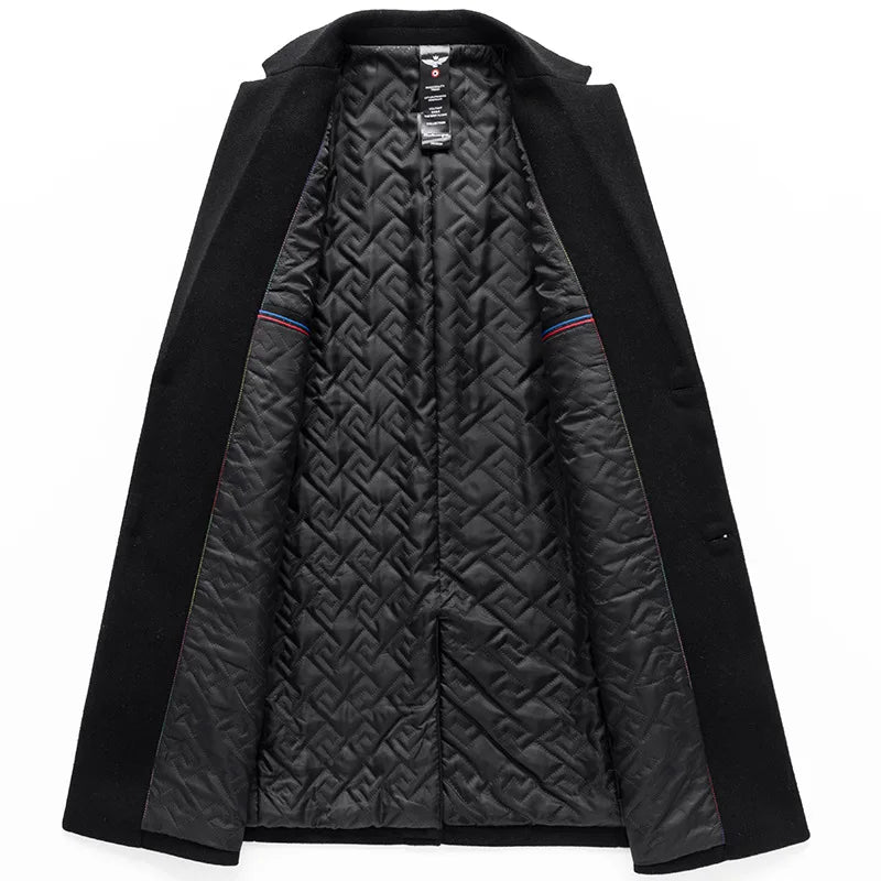 Men's Wool Trench Coats for Fall and Winter; Warm, Business-casual Long Jackets Available in Gray, Blue, and Black. 2027 New