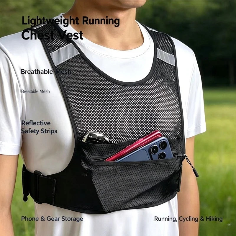 1Pc Lightweight Reflective Breathable Running Vest Chest Pack Adjustable Sports Vest for Outdoor Running Cycling Hiking Fitness