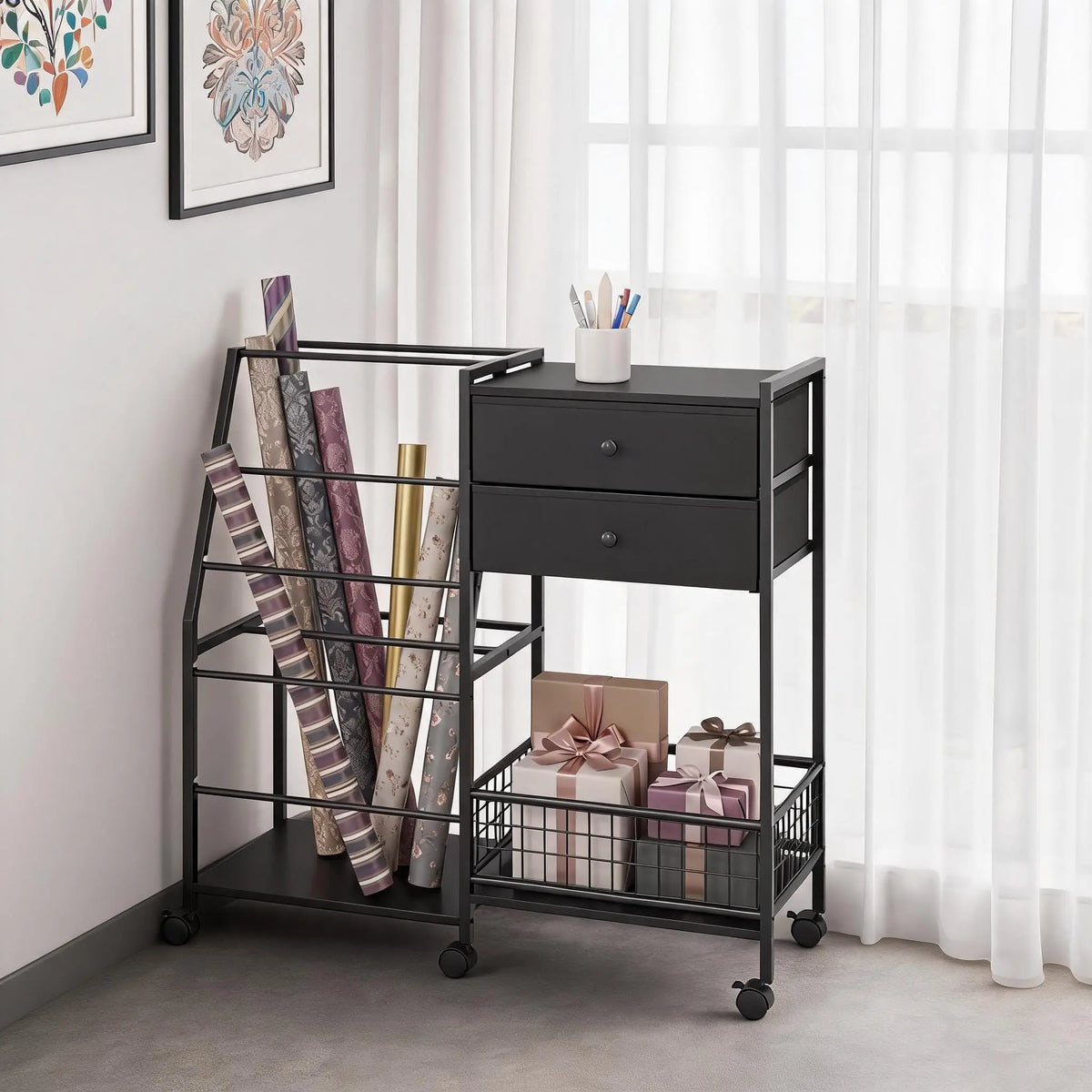 3-Tier Rolling Gift Wrap Organizer Cart with 2 Drawers Mobile Storage For Wrapping Paper Ribbons Gift Bags And Craft Supplies