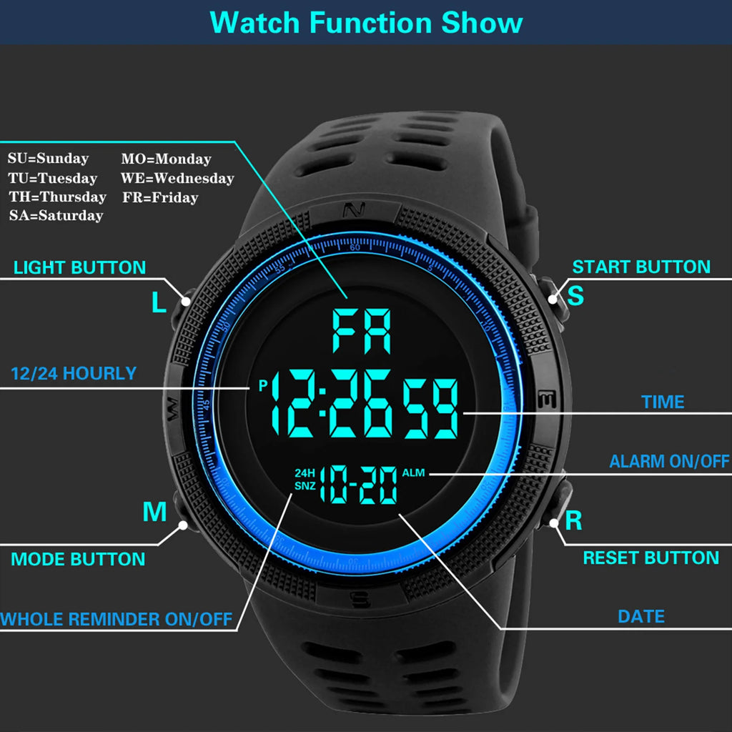 Montre de sport numérique pour homme étanche décontractée lumineuse avec chronomètre alarme montre militaire simple pour la course l'escalade la pêche