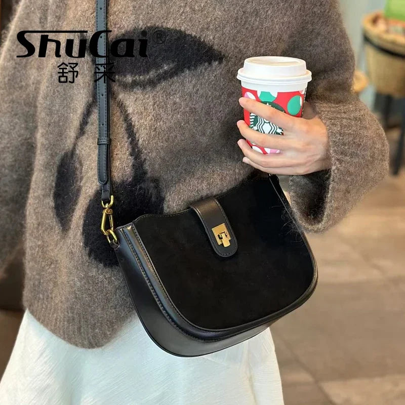 Women‘s Genuine Grade Leather Shoulder Crossbody Bags Soft Cowhide Ladies Handbag Fashion Luxury Designer Female Half Moon Bag