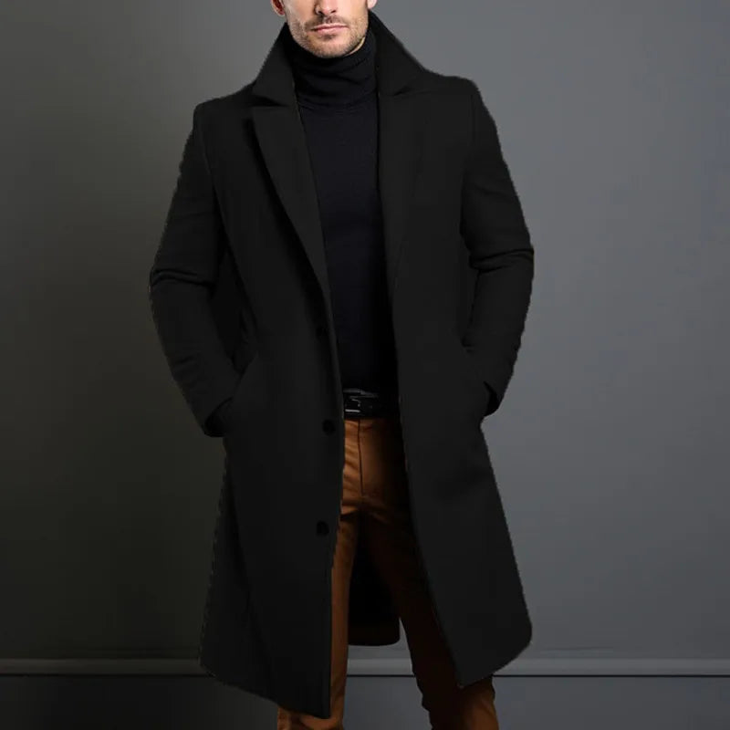 Autumn Winter Long Woolen Trench Coats Men Solid England Style Smart Casual Wool Blends Coat Turn Down Collar Warm Male Clothing